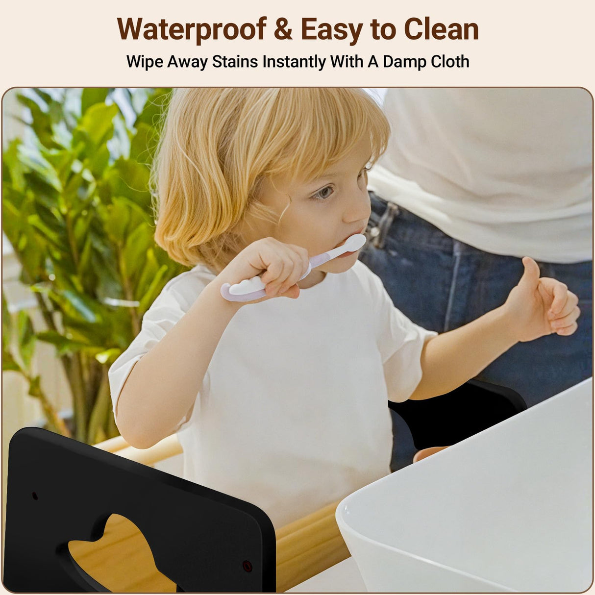 COSYLAND Toddler Standing Tower Adjustable Height - Super Stable Toddler Kitchen Stool Helper - 3 Levels Adjustable Wooden Toddler Kitchen Stool (Natural & Black) COSYLAND