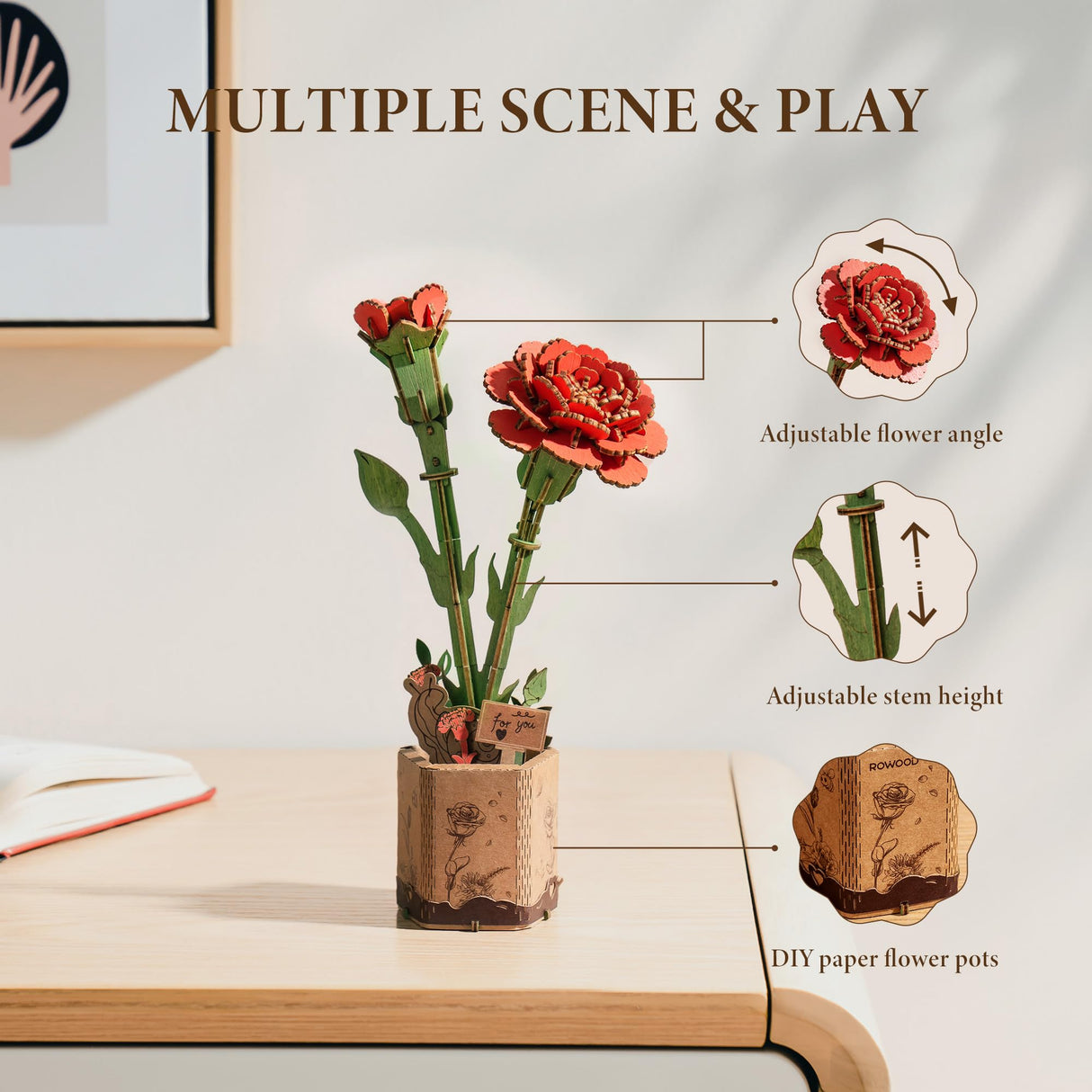 ROBOTIME 3D Puzzles Wooden Artifical Flower Red Carnation DIY Model Building Kit to Build for Adults Bouquet Botanical Collection Craft Brain Teaser Puzzle Creative Gift Home Decor ROBOTIME