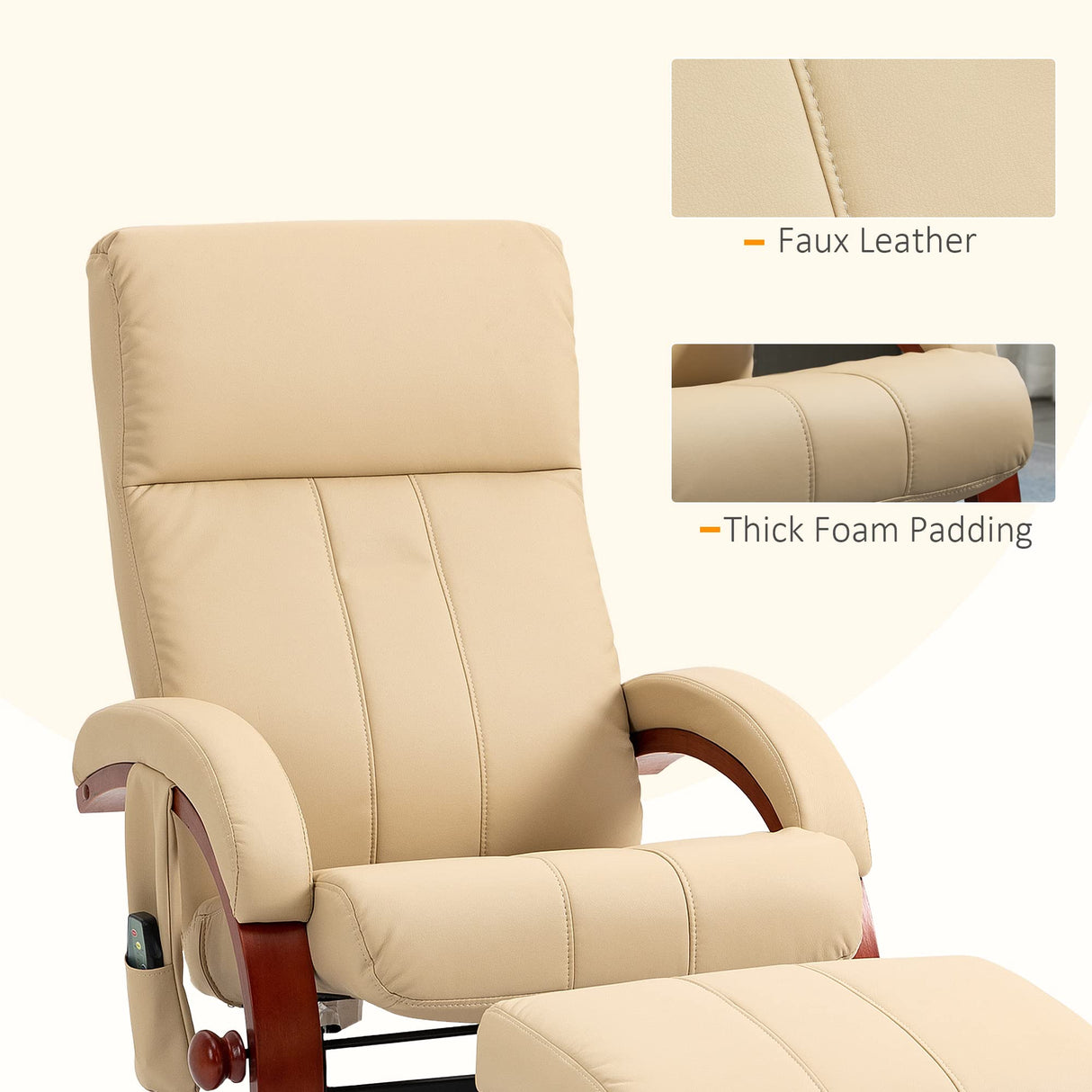 HOMCOM Recliner Chair with Ottoman, Electric Faux Leather Recliner with 10 Vibration Points and 5 Massage Mode, Reclining Chair with Remote Control, Swivel Wood Base and Side Pocket, Beige HOMCOM