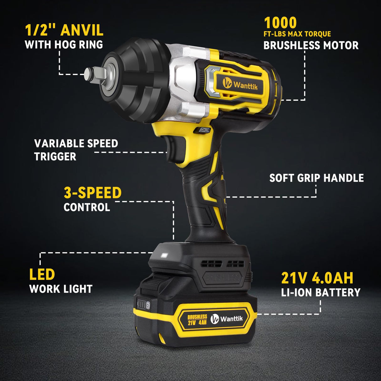WANTTIK Cordless Impact Wrench 1/2 Inch, 1000 Ft-lbs High Torque, 21V Brushless Impact Gun w/ 4.0 Ah Battery, Fast Charger, 5 Sockets and Tool Bag WANTTIK