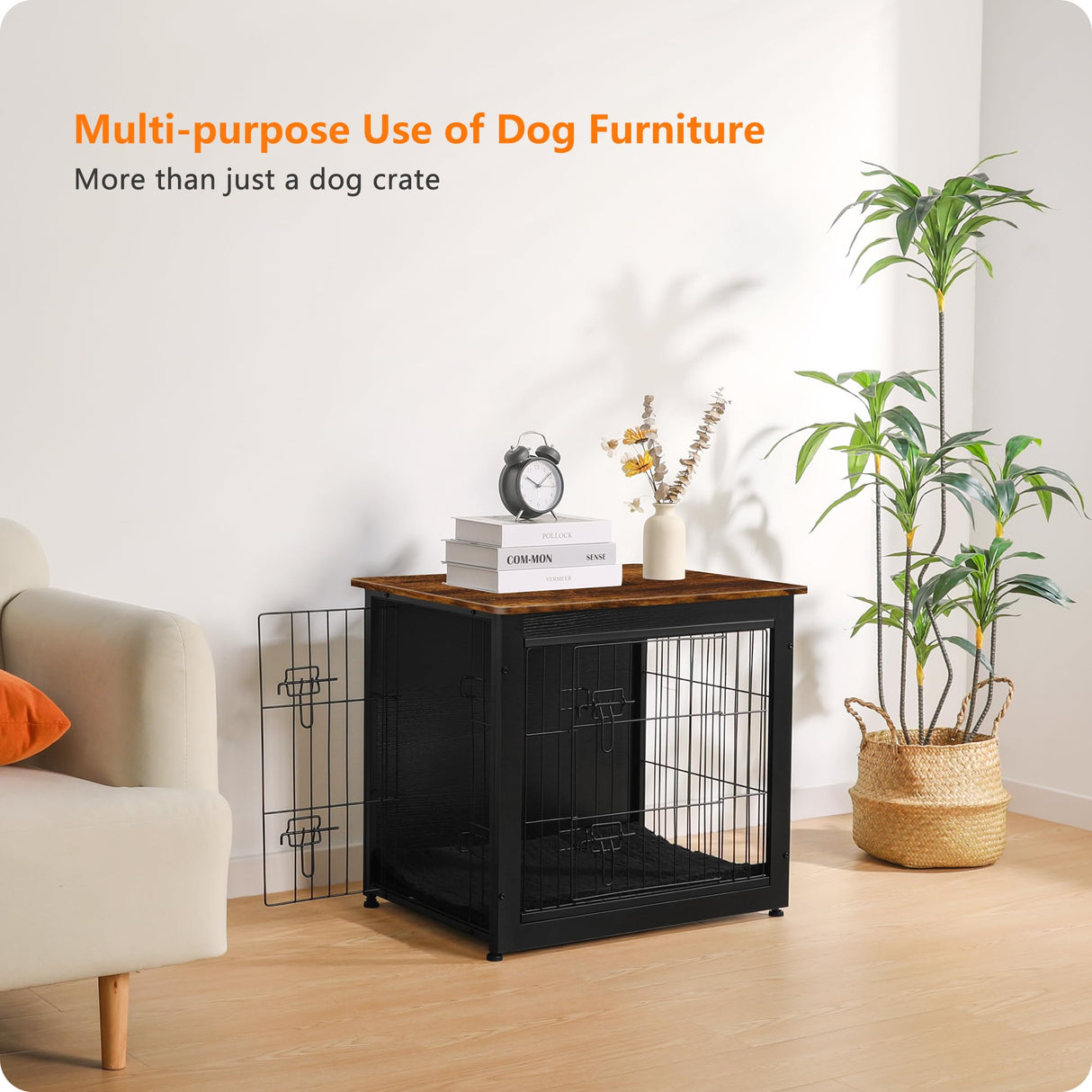 DWANTON Dog Crate Furniture with Cushion, Wooden Dog Crate with Double Doors, Dog Furniture, Dog Kennel Indoor for Small Dog,End Table, 27.2" L, Black+Rustic Brown Dwanton