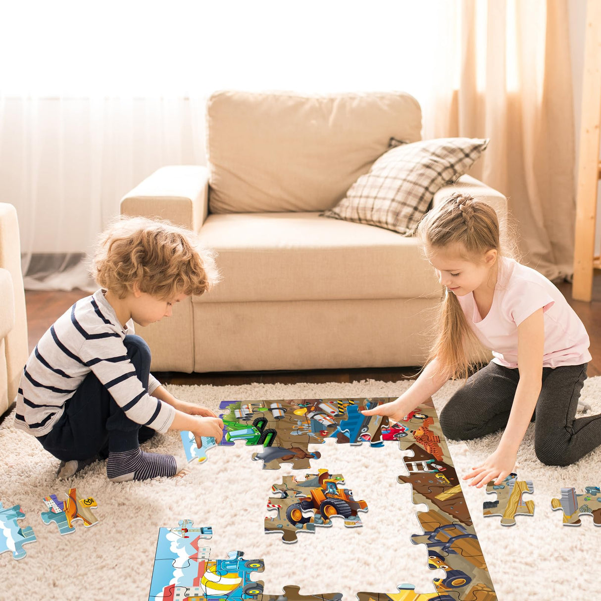 Jadeso 48 Pieces Jumbo Floor Puzzles for Kids ages 3-5, Puzzle for Kid Ages 4-6, Construction Site Jigsaw Large Puzzles, Children Learning Preschool Educational Toys, Great Gift for Kids 4-8 Years Old Jadeso