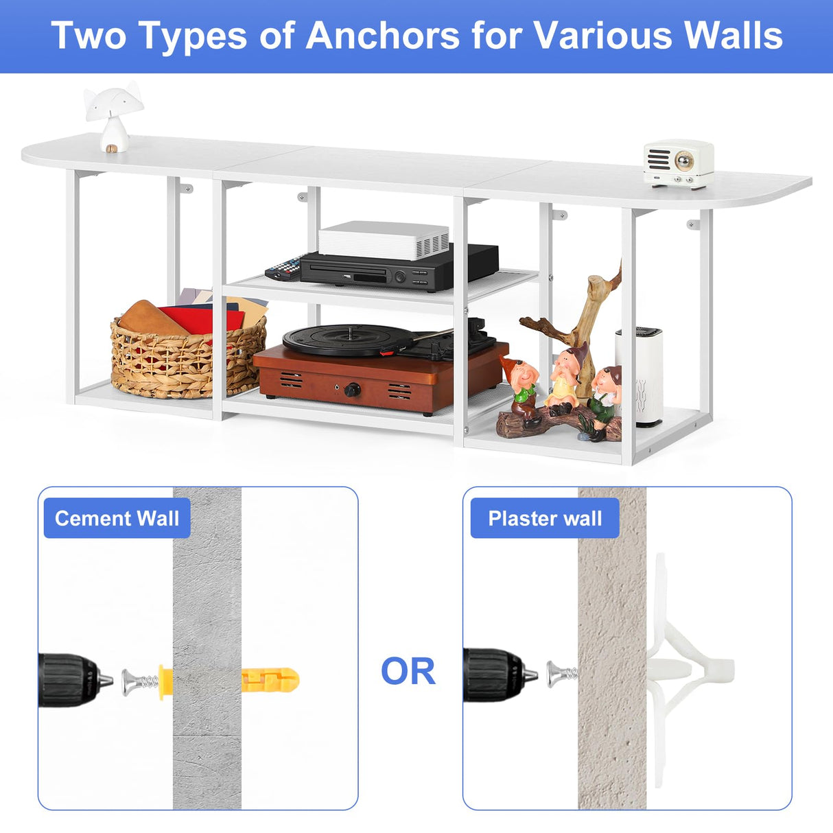 ETELI Floating TV Shelf Stand Under TV Wall-Mounted Entertainment Center Industrial TV Media Console Table with Storage for Bedroom 50" TV Living Room Office, White ETELI