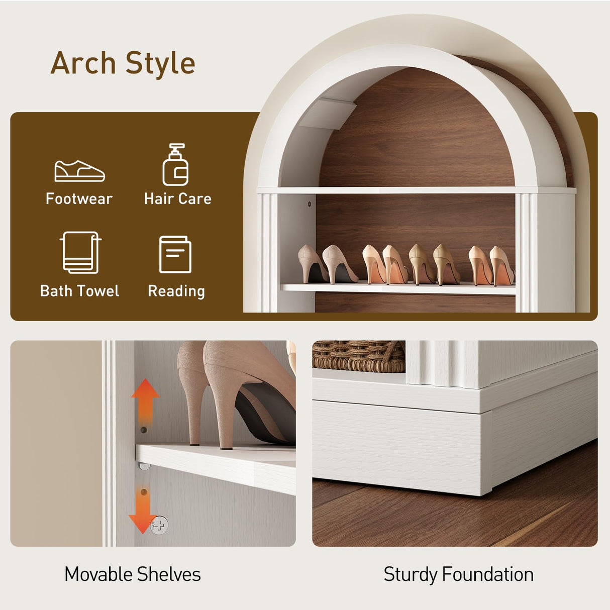 RALGEND Arched Bookshelf, 73" Tall Arch Bookcase with Drawers, 6-Tier Farmhouse Book Shelf, Wooden Bookshelf with Open Display Shelves for Living Room, Office, Adjustable Shelf, Walnut and White RALGEND