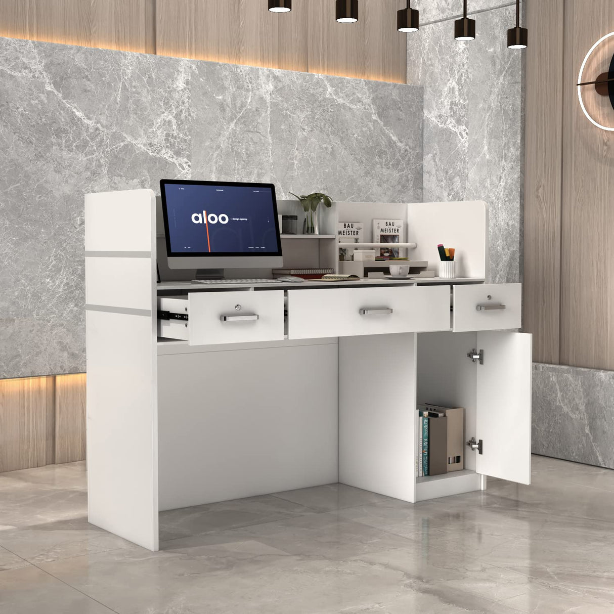 AIEGLE Reception Desk with Drawers & Storage Shelves, Table with Private Panels, for Salon Reception Room Checkout Office, White (47.3" L x 18.3" W x 43.3" H) AIEGLE
