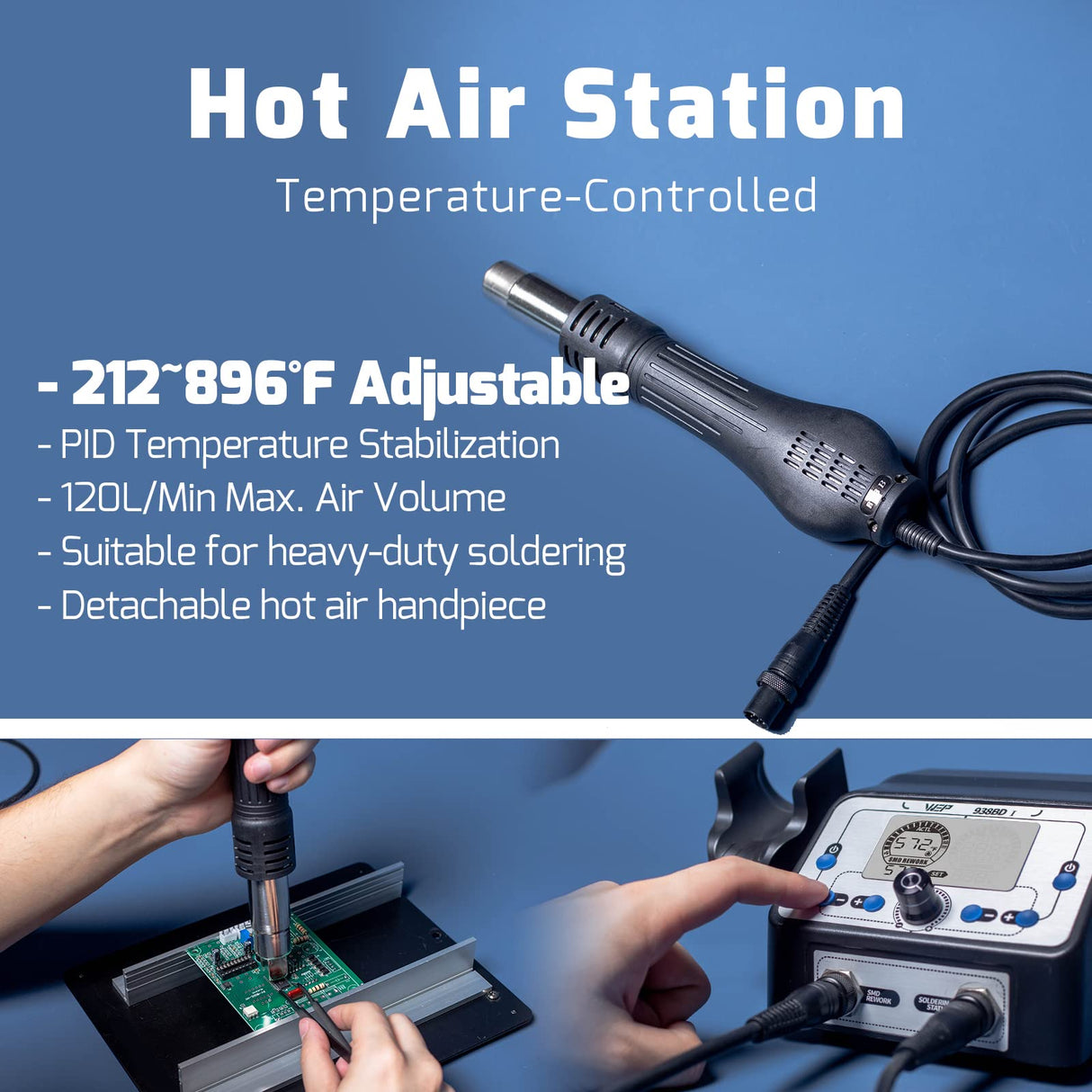 WEP 938BD-I Soldering Iron Station Hot Air Rework Station 2-IN-1 with LCD Display, PID Control, Hot Air Start/Stop, Sleep Mode, 3 Extra Nozzles, 5 Extra Soldering Tips, Solder Wire WEP