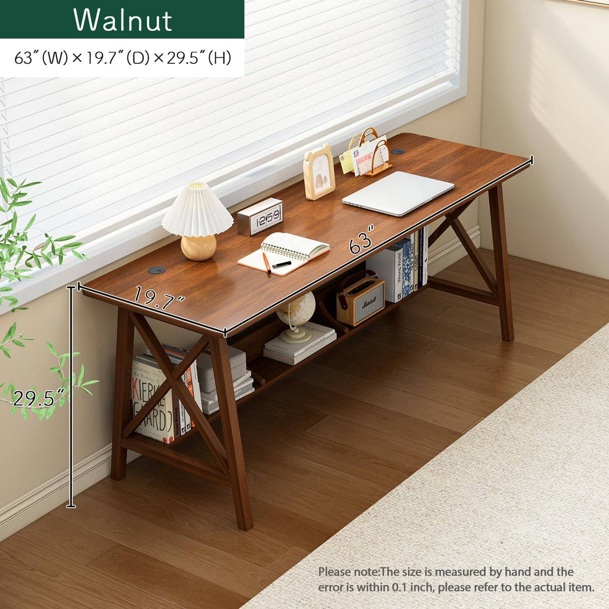 NELYE Extra Long Desk with Bookshelf - Solid Wood Home Office Work Study Table, 2-Person Writing Computer Workstation with Storage Shelf in Walnut, 63" Wx20 Dx30 H NELYE