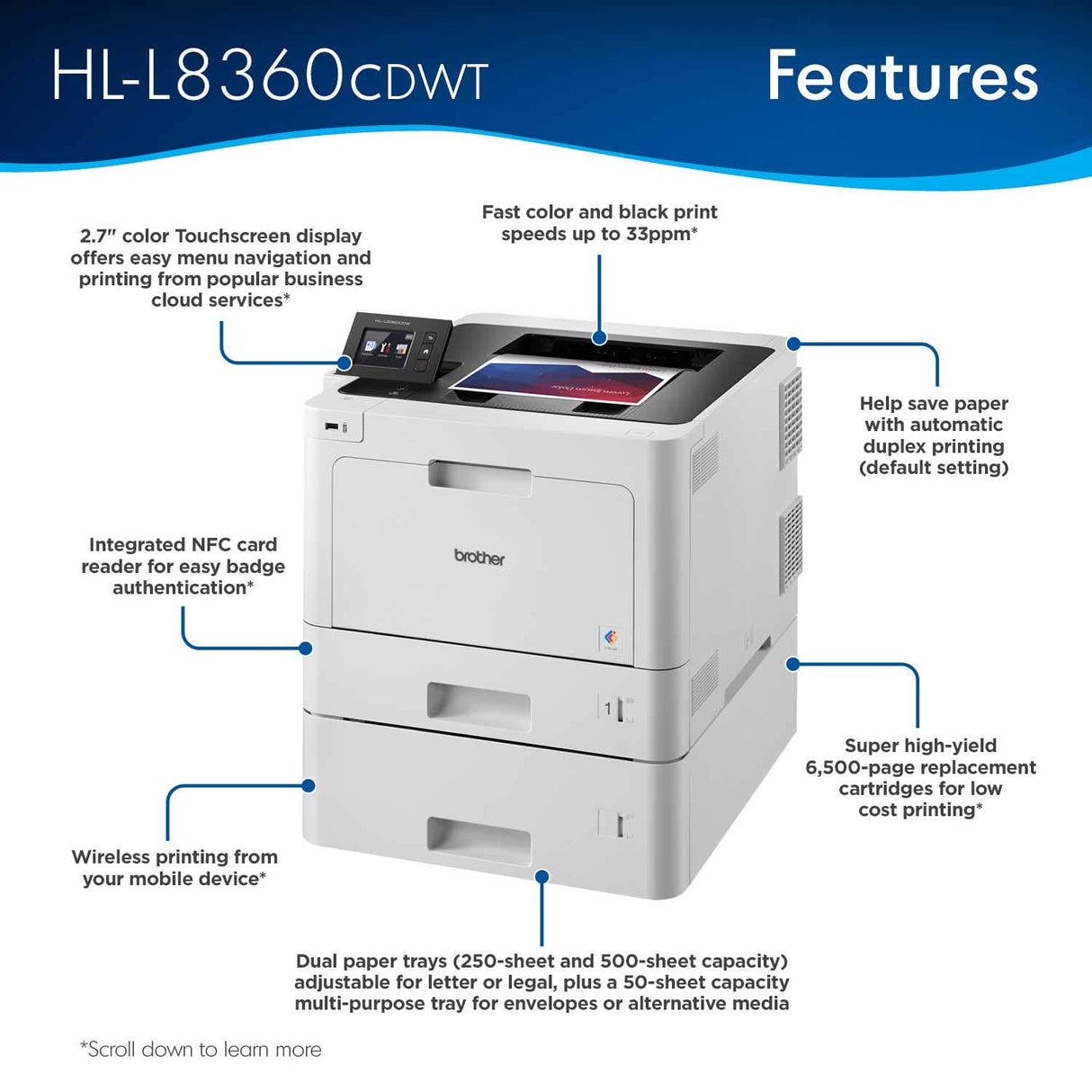 Brother Printer HLL8360CDWT Business Color Laser Printer with Duplex Printing, Wireless Networking and Dual Trays, White Brother