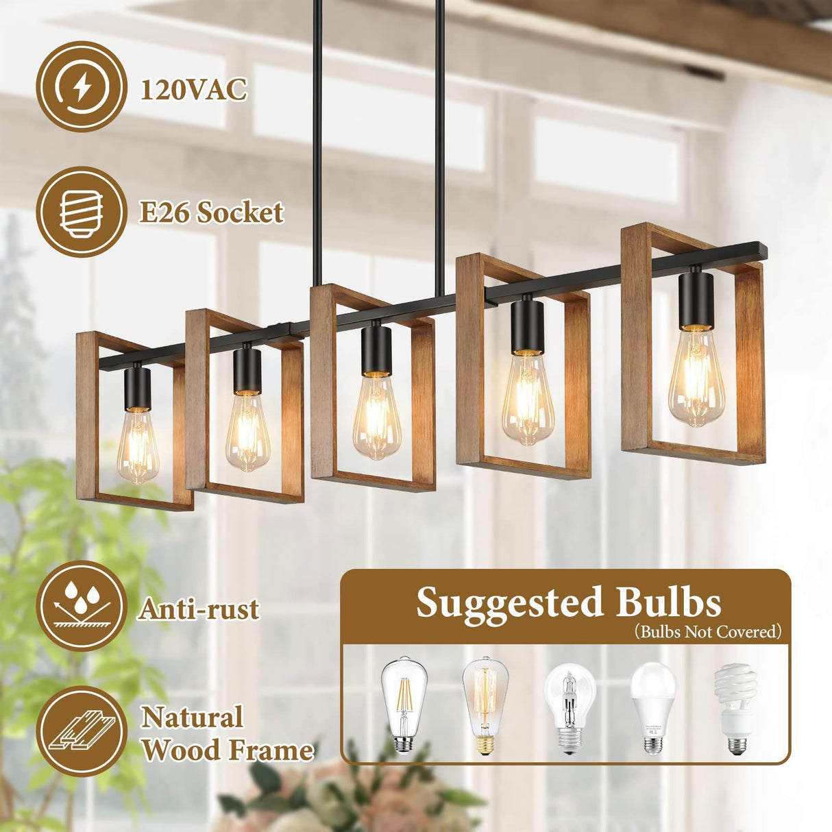 53’’ Farmhouse Kitchen Island Lighting, 5-Light Adjustable Dining Room Light Fixtures, Rustic Wood Chandeliers Black Hanging Light Fixtures for Kitchen, Pool Table Lights, Bulbs Not Included Brightever