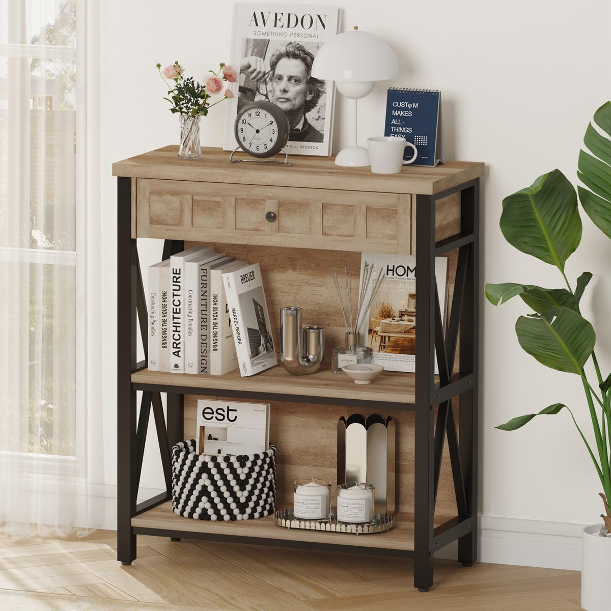 FATORRI Rustic Bookshelf with Drawer, Industrial Wood and Metal Bookcase, Small Short Book Shelf and Low Book case for Small Space (Rustic Oak) FATORRI