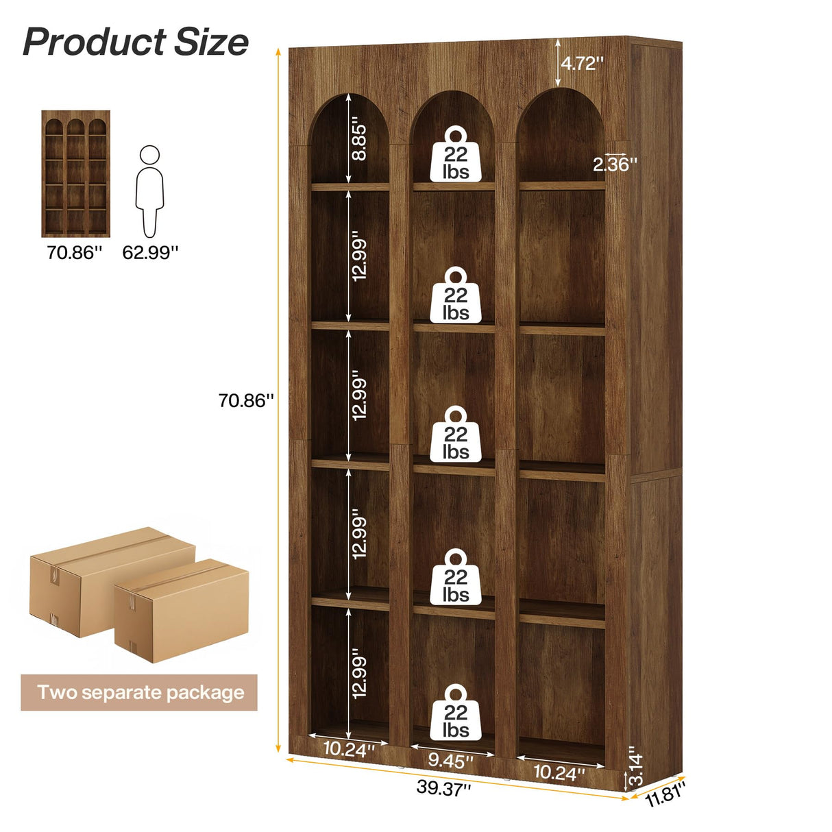 Tribesigns 5-Tier Farmhouse Arched Bookshelf, 70.87-Inch Mid Century Modern Bookcase with Open Shelves, Tall Book Shelf Vintage Display Storage Shelving Unit for Home Office, Walnut Brown, 2PCS Tribesigns