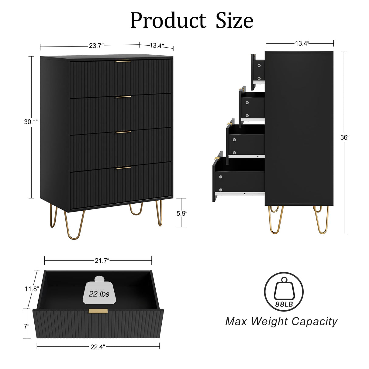 Masupu 4 Drawer Dresser, Drawer Chest, Tall Storage Chest Cabinet Organizer Unit with Metal Legs, Small Dresser for Bedroom, Living Room, Closet, Hallway Black Stripe Masupu