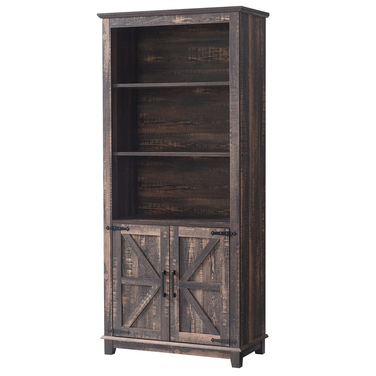 AMERLIFE Farmhouse Bookcase with Doors, 5 Shelf Bookshelf Storage Cabinet with Adjustable Shelves & Barn Door, Versatile Storage Pantry Cabinet for Bedroom, Living Room, Kitchen, Rustic Oak Black AMERLIFE