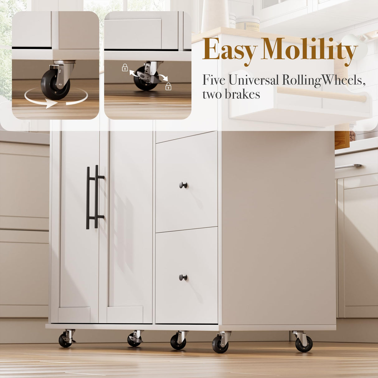 GRUSIGN Kitchen Island with Storage, Rolling Kitchen Cart with 3 Drawers Kitchen Storage Cabinet on Wheels with Inner Adjustable Shelves for Dining Room/Living Room Thicker,39.37" L X 20.05" W, White GRUSIGN