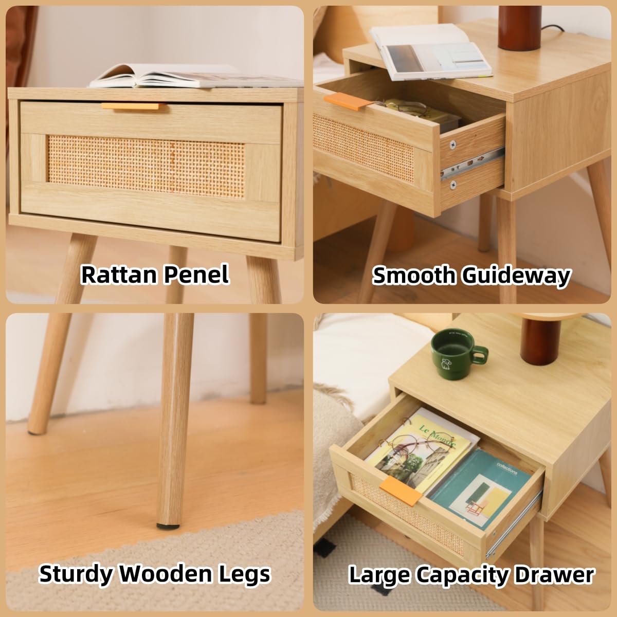 FUQARHY Rattan Nightstand Set of 2, Boho Side Table with Drawer, Mid Century Modern, End Table with Wood Legs for Bedroom, Dorm and Small Spaces FUQARHY