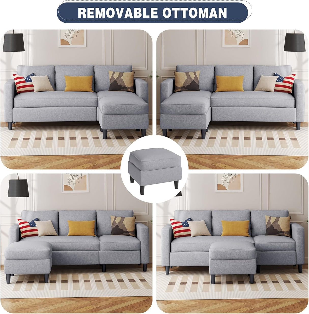 Shintenchi Small Sectional Couch Sofas, 3 Seat L Shape Sofa with Ottoman, Fabric Upholstered Convertible Sofa Couches, Small Couch for Apartments and Office (Light Grey) Shintenchi