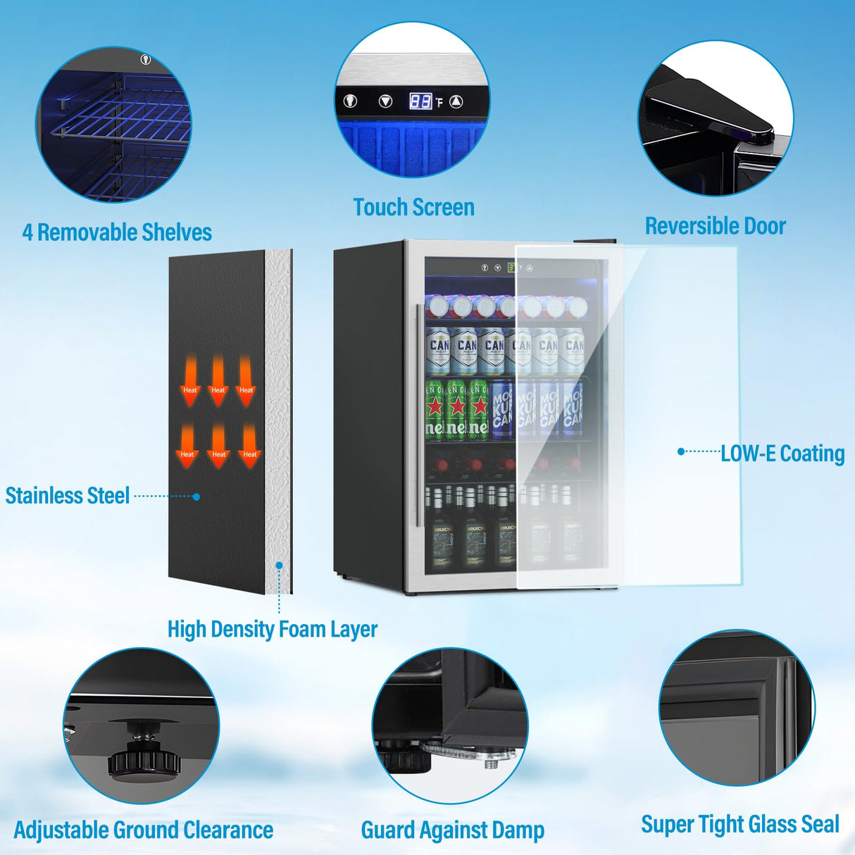 Erivess 4.5 Cubic Feet Mini Fridge, 145 Can Freestanding Beverage Refrigerator with Glass Front Door for Soda, Beer Under Counter Drink Refrigerator with Adjustable Shelves and Digital Display(Silver) Erivess