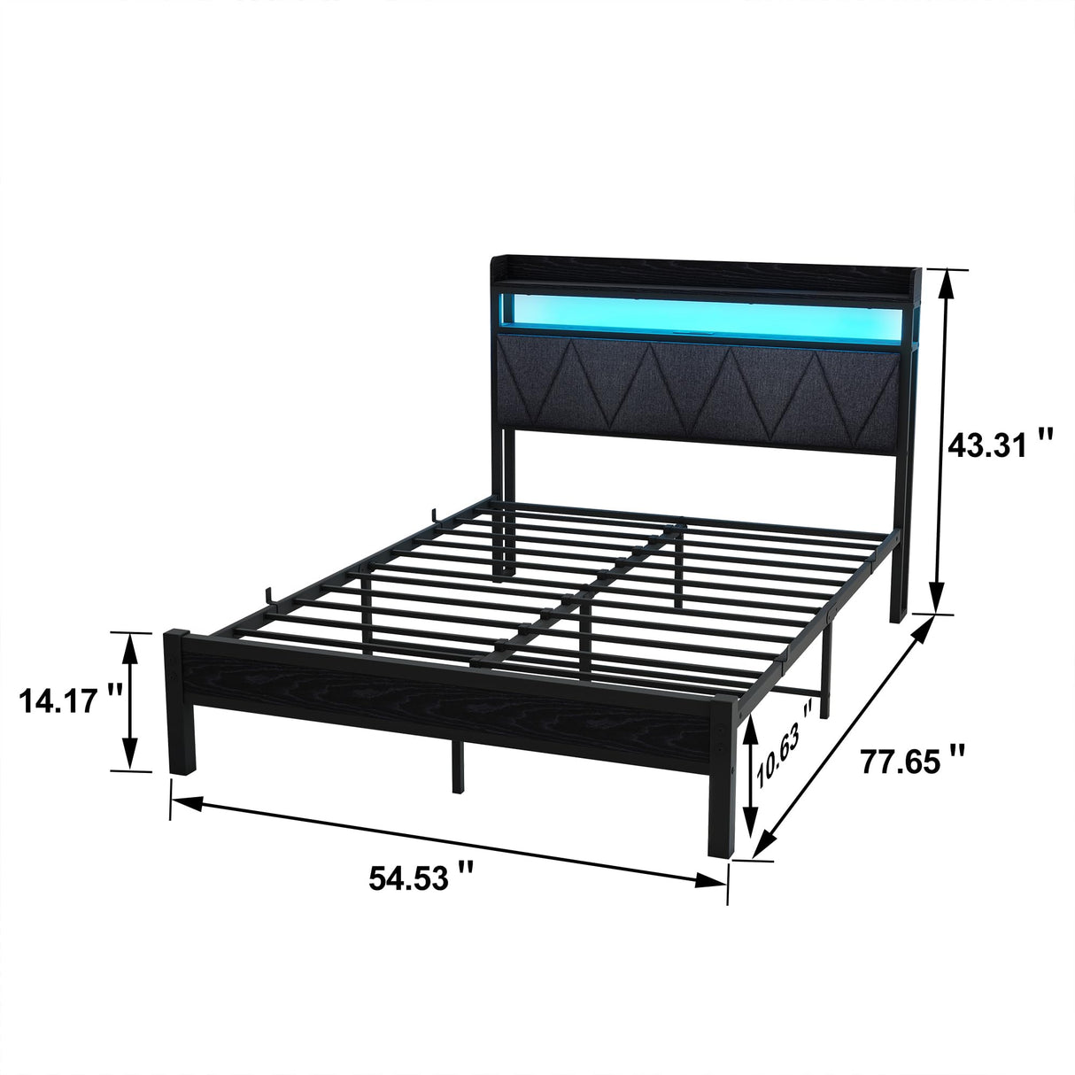 VERFARM Full Bed Frame with LED Lights Storage Upholstered Headboard and Charging Station, Metal Platform Double Bed Frame Full Size with 2-Tier Storage Shelves, No Box Spring Needed, Easy Assembly VERFARM