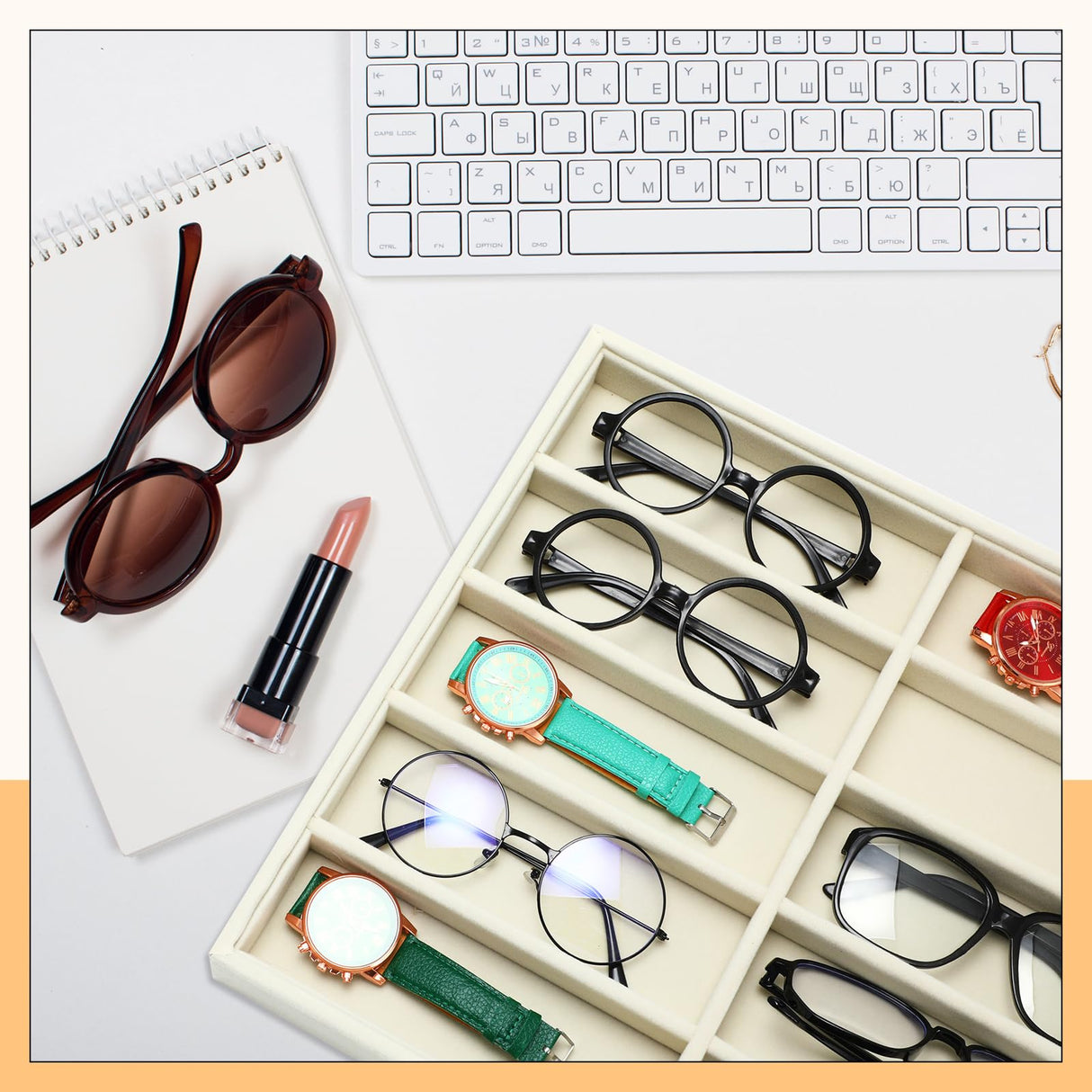 Batiyeer Sunglasses Organizer Storage Tray 10 Grids Eyewear Watch Holder Display Stackable Ice Velvet Tray Women(White,2 Pcs) Batiyeer