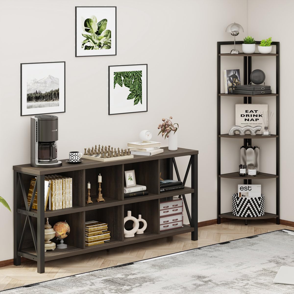 FATORRI Rustic 8-Cube Storage Organizer Bookshelf - Industrial Walnut Brown Bookcase for Living Room FATORRI