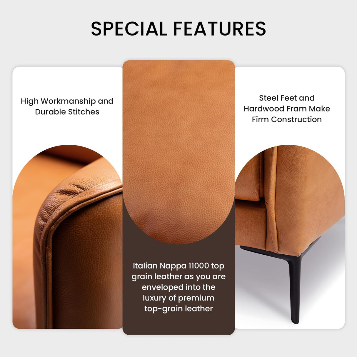 Valencia Jasper 85" Cognac Tan Brown 3 Seater Full Leather Couch | Mid Century Leather Sofa with 2 Pillows for Living Room Furniture | Plush Cushions, Nappa Leather Lounge Couch VALENCIA THEATER SEATING