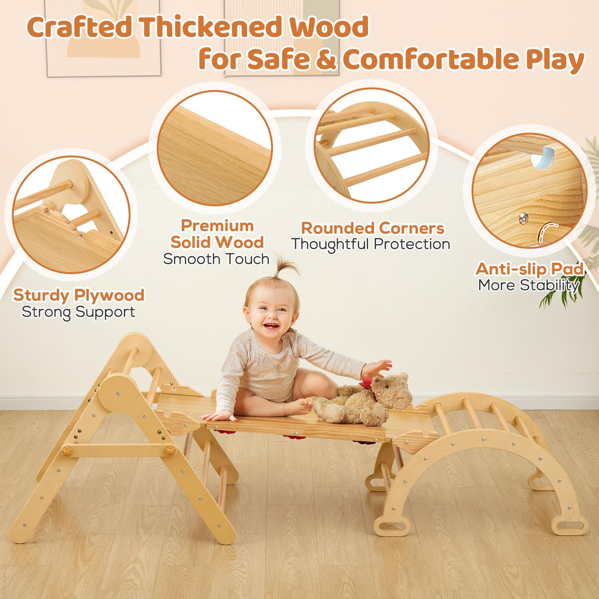 FUNLIO Foldable Pikler Triangle Set, Montessori Climbing Set with Solid Wood for Toddlers 2-5 yrs, Adjustable 5-in-1 Indoor Play Gym with Arch/Slide/Climbing Rock/Triangle, Easy to Install-Medium Size FUNLIO