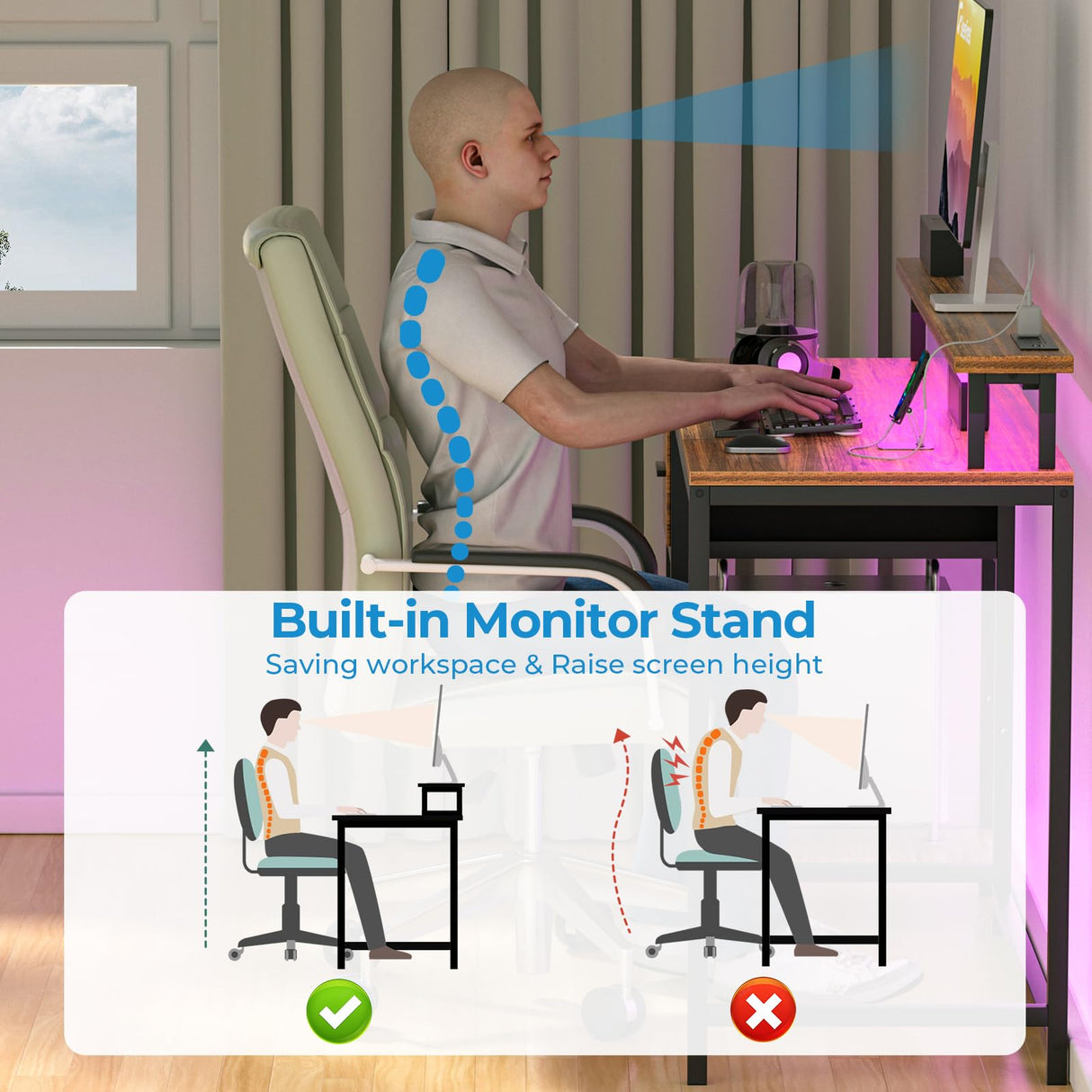 GreenForest Computer Desk with Drawers 47 inch,Gaming Desk with LED Lights & Power Outlets Small Desk with Monitor Stand and Reversible Shelf,Walnut GreenForest