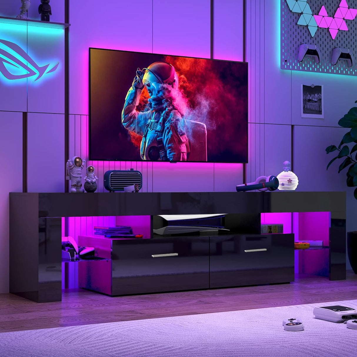 LED TV Stand for Up to 70-inch TV, Modern TV Console Table with Entertainment Center for Bedroom, Living Room(Black, 63 inch) HOUAGI