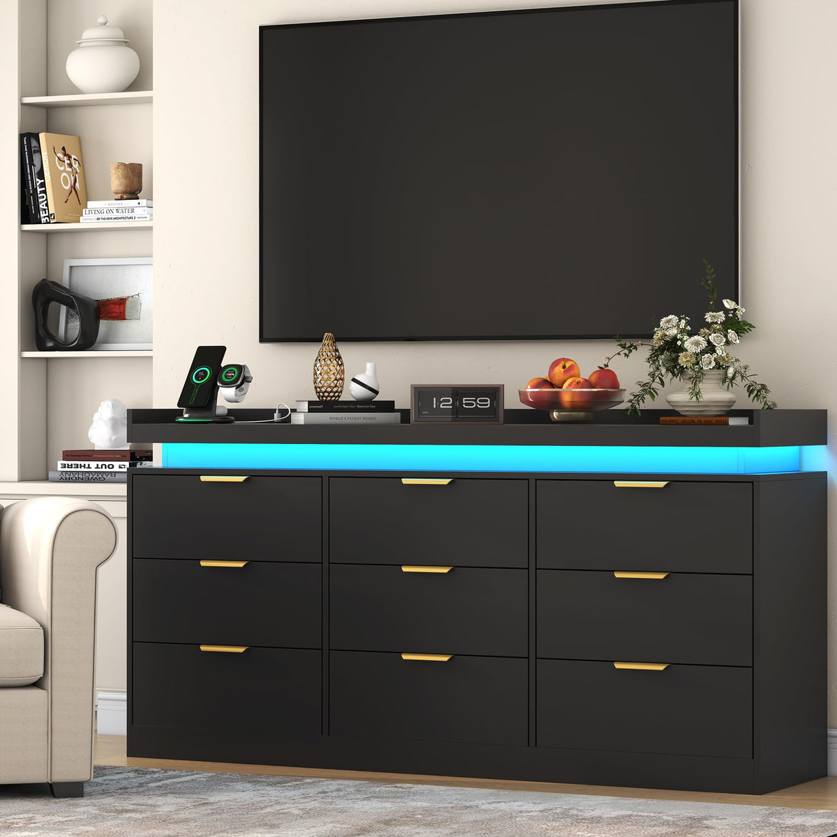 UNIQUITE 9 Drawer Dressers for Bedroom, Black Dresser with LED Light and Power Outlet, Modern Large Dresser & Chests of Drawers, Wood Triple Wide Dressers for Bedroom, Entryway, Hallway UNIQUITE