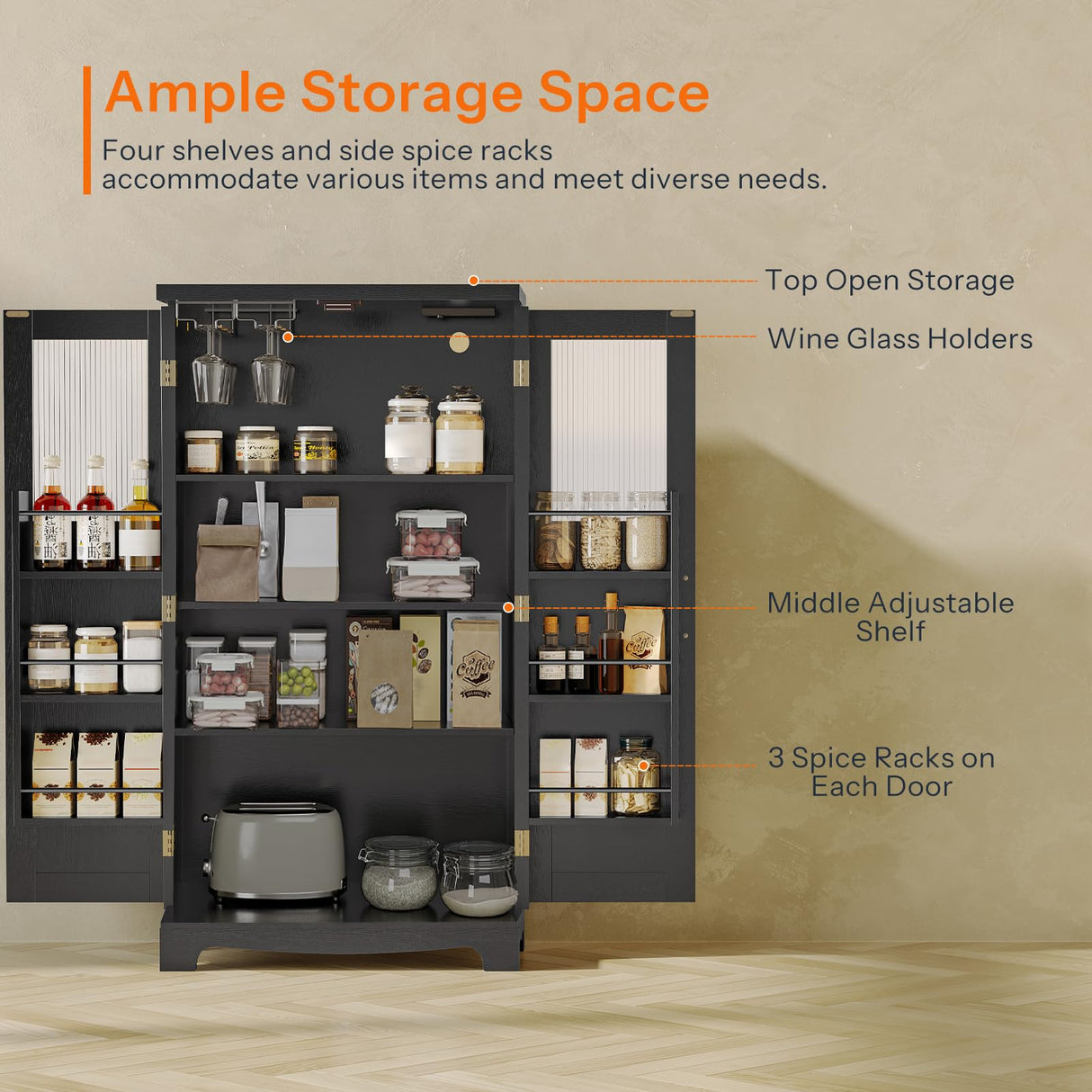 HOOBRO 43" Kitchen Pantry Cabinet, kitchen Storage Cabinet with Power Outlets, Pantry Cabinet with LED Lights and Adjustable Shelf, Pantry Glass Doors Holders, for Kitchen, Dining Room, Black and Gold HOOBRO