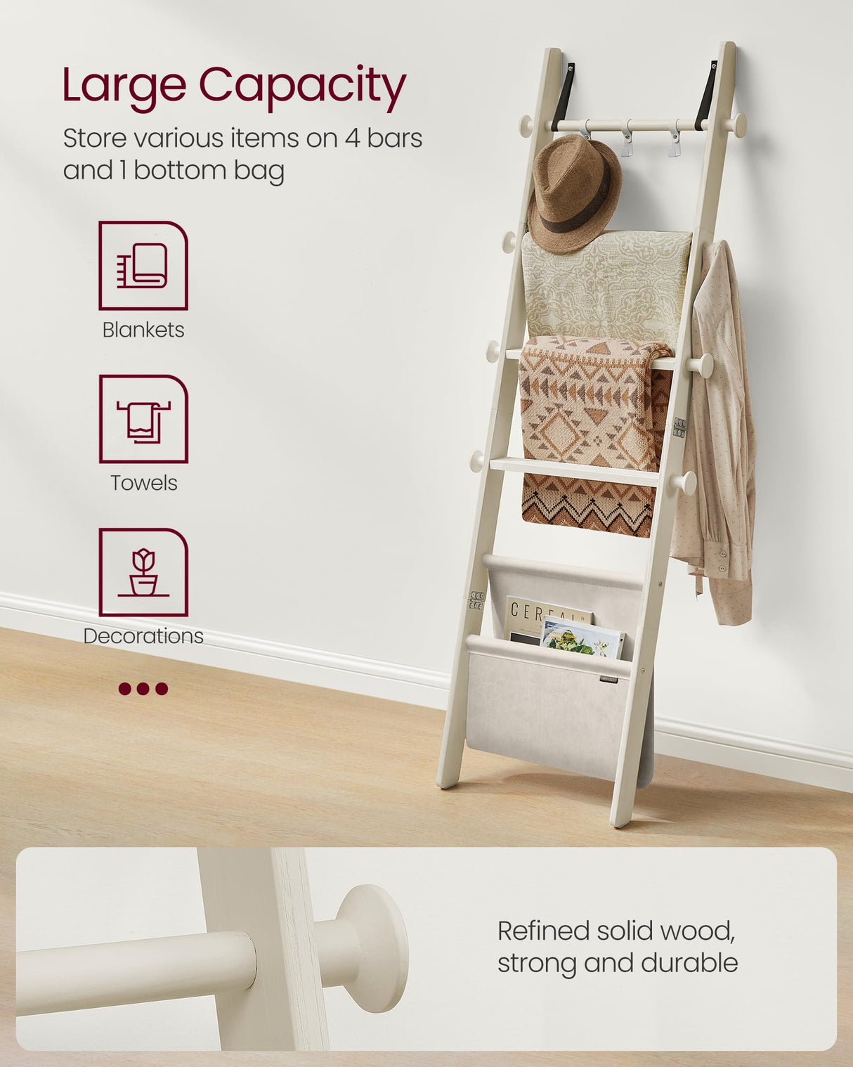 VASAGLE Blanket Ladder for Living Room, 5-Tier Wooden Ladder Shelf, Decorative Farmhouse Blanket Rack with Synthetic Leather Bag, Metal Hooks, Side Hooks, for Bedroom, Cream White ULLS022W01 VASAGLE