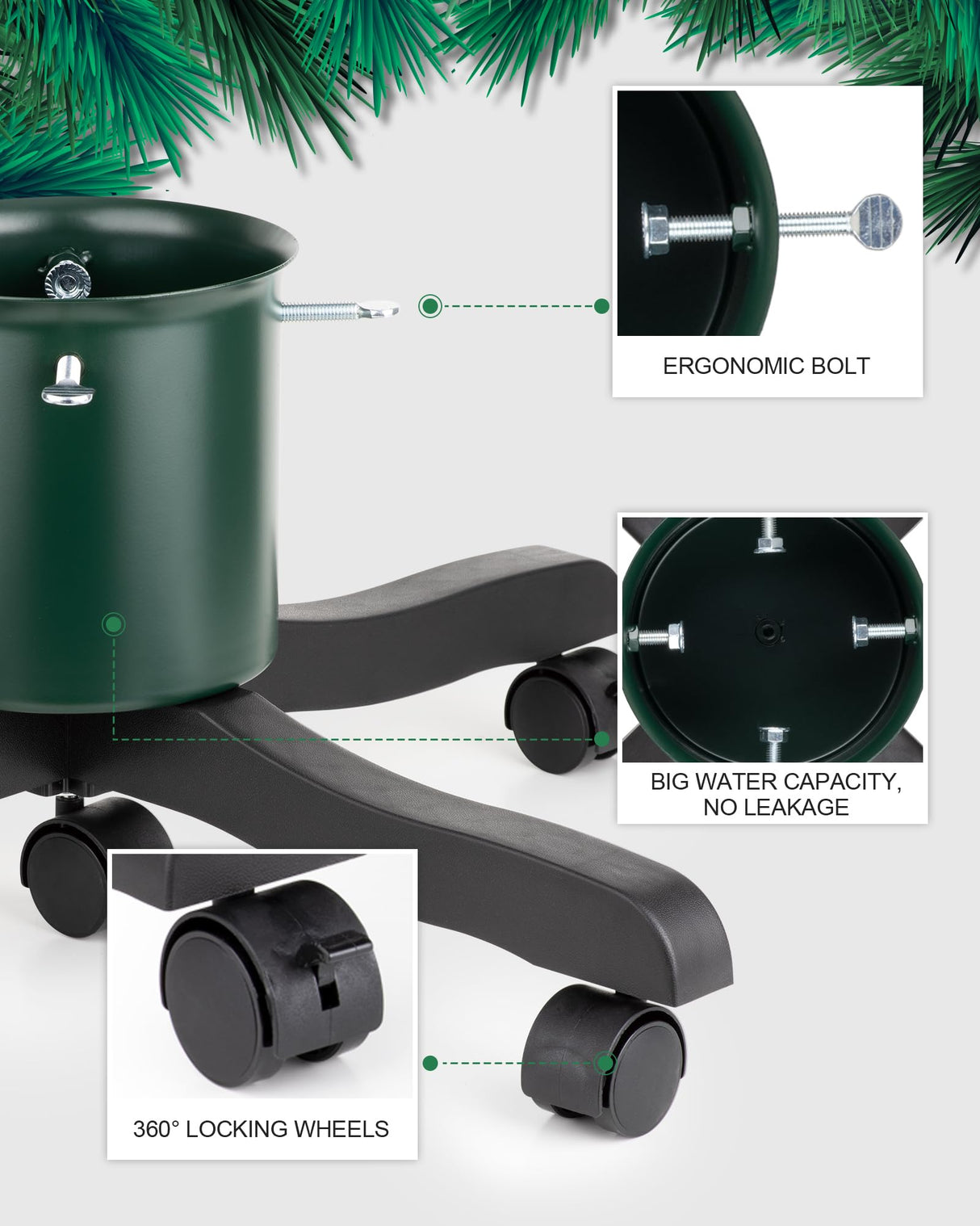 Live Christmas Tree Stand : Real Christmas Tree Stand Base With Wheels Movable Adjustable up to 6.5ft Hold 0.53gal Water Reservoir Goodjob Green GuuG