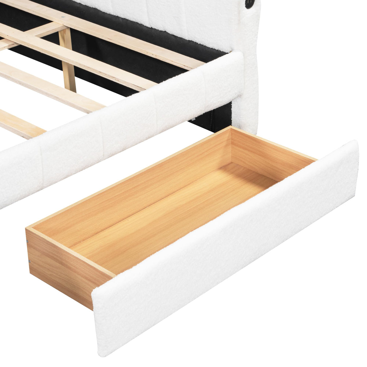 KALALLA Upholstered Queen Size Daybed Frame with Drawers and USB Port, Day Bed with Underneath Storage, Wooden Slats Support, No Box Spring Required, Adults Kids, White KALALLA