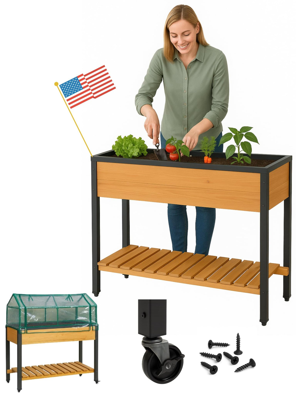 GOJ Raised Garden Bed Wood 48x24x32 inch with Greenhouse & Lockable Wheels - Elevated Wood Planter Box for Outdoors Vegetable Flower Bed Herb Planter - 400 lbs Capacity GOJ YOUR GARDEN, OUR PASSION