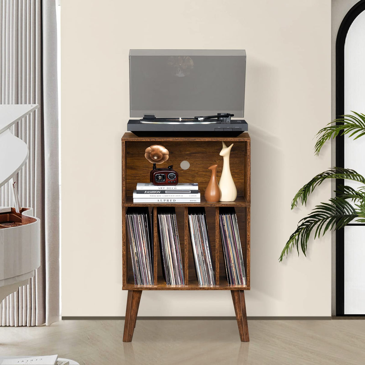 Lerliuo Record Player Stand, Brown Turntable Stand Holds up to 160 Albums, Mid-Century Vinyl Storage Cabinet Table with Solid Wood Legs, Record Player Holder Dispaly Shelf for Bedroom Living Room Lerliuo