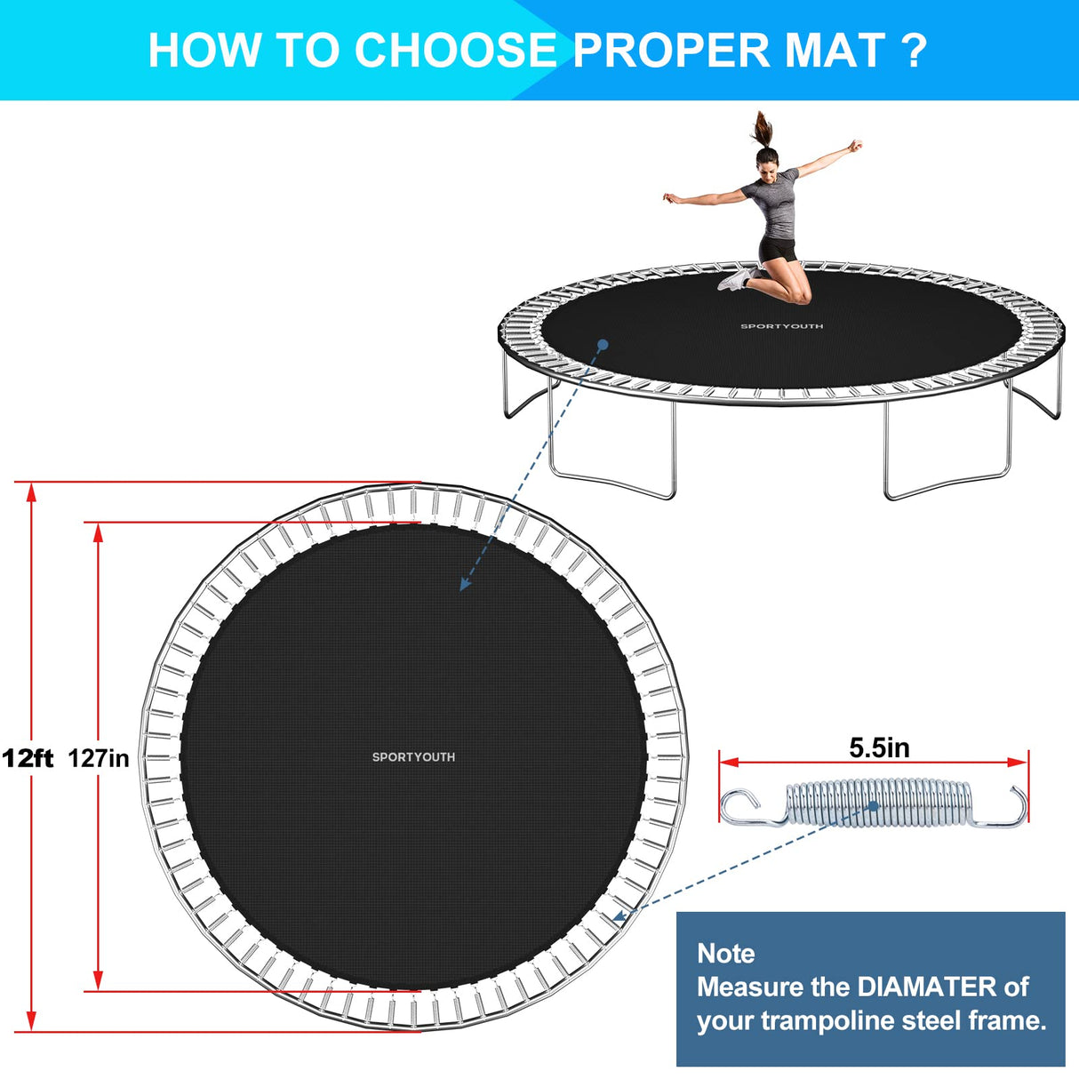 SPORTYOUTH Trampoline Replacement Jumping Mat 12ft, Fits 5.5" Springs 72 V-Hooks 12 Foot Round Trampoline Frames - EXCLUDING Frame & Spring SPORTYOUTH