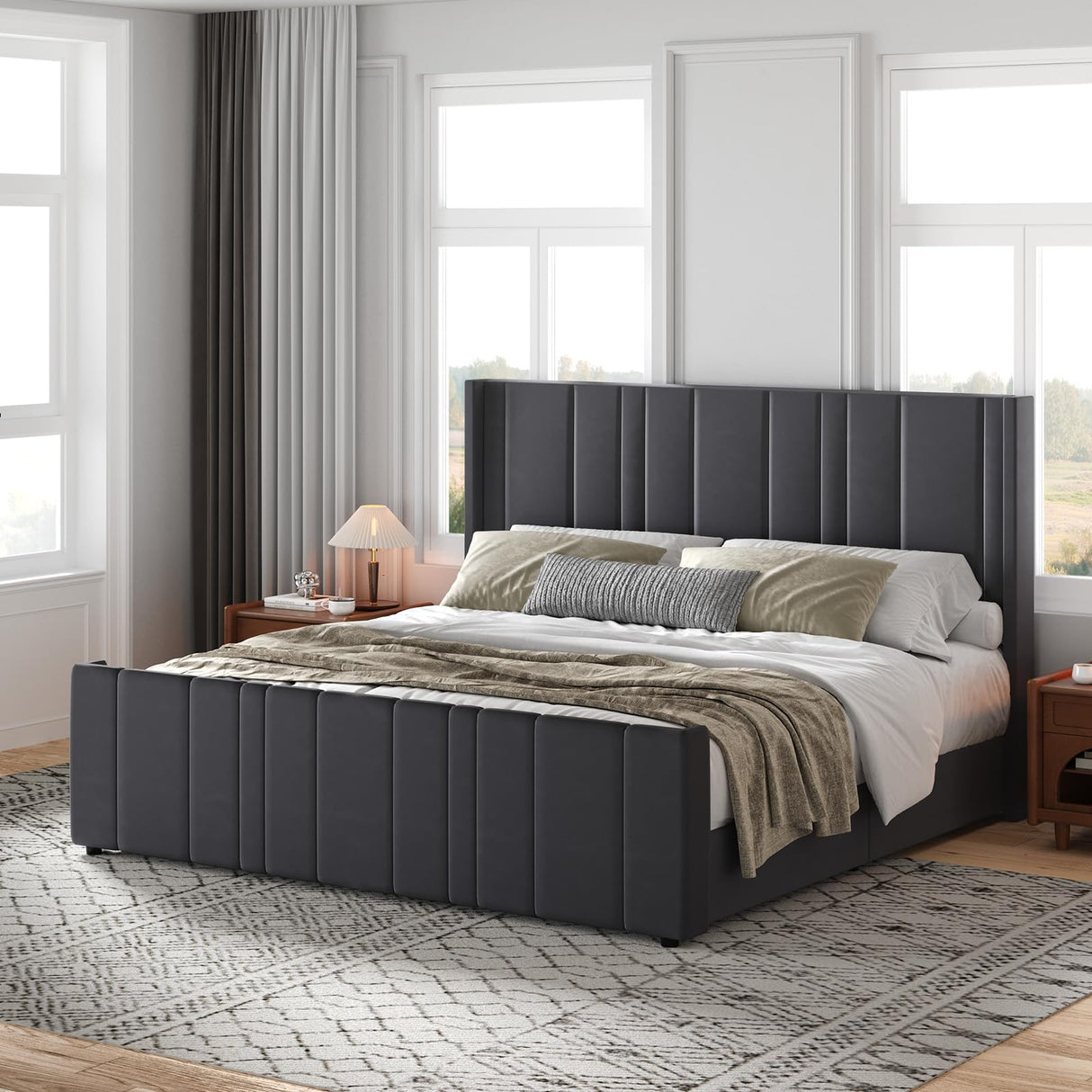 King Size Bed Frame and Headboard, Modern Velvet Upholstered Bed Frame with Vertical Channel Tufted Headboard & Footboard, Soft Bed Frame King, Noise Free, No Box Spring Needed, Easy Assembly, Grey HOMBCK