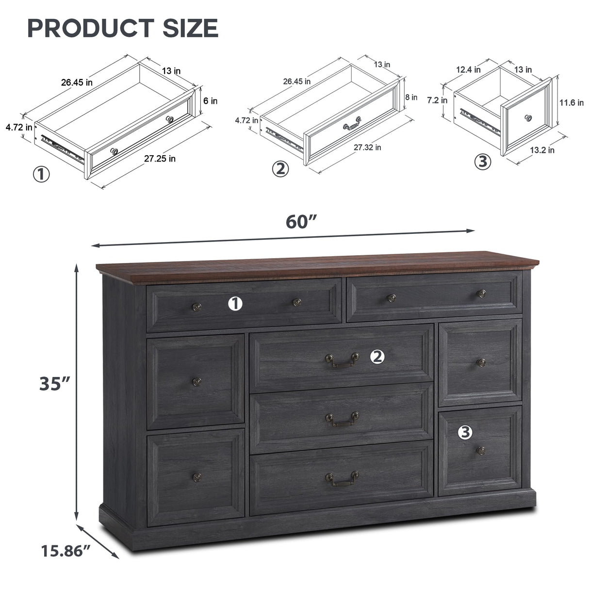 IFGET Farmhouse 9 Drawers Dresser for Bedroom, 60" Wide Wood Rustic Chest of Drawers, Large Storage Dressers Organizer for Bedroom, Living Room, Hallway, Dining Room, Dark Grey IFGET