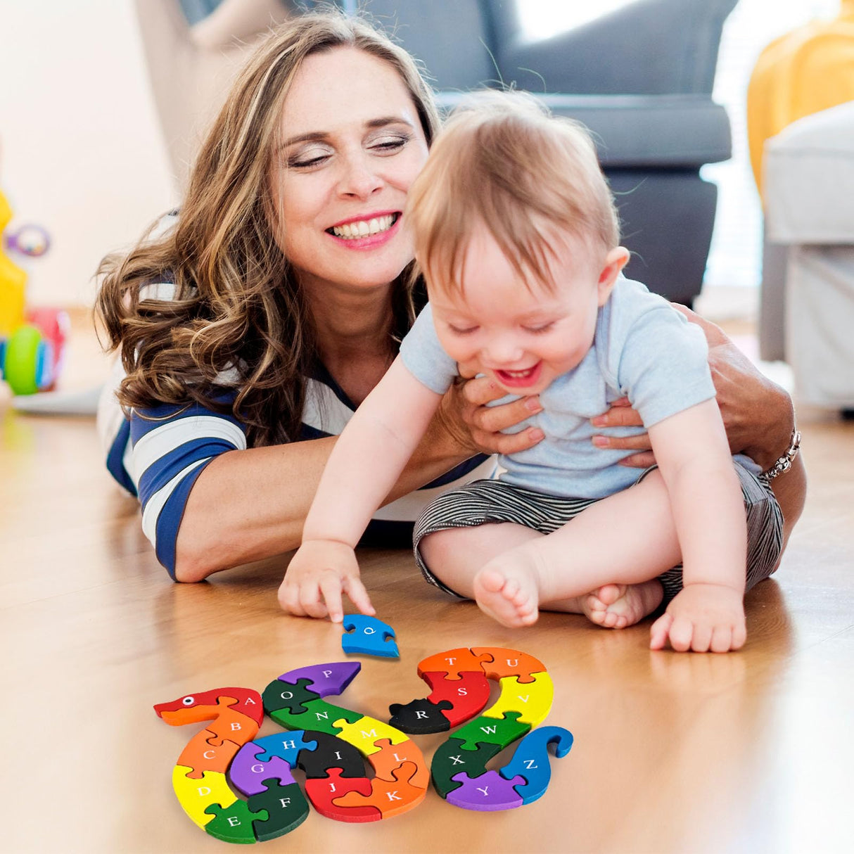 LOVESTOWN Alphabet Jigsaw Puzzle, Building Blocks Animal Wooden Puzzle, Wooden Snake Letters Numbers Block Toys for Kids Birthday Gifts LovesTown