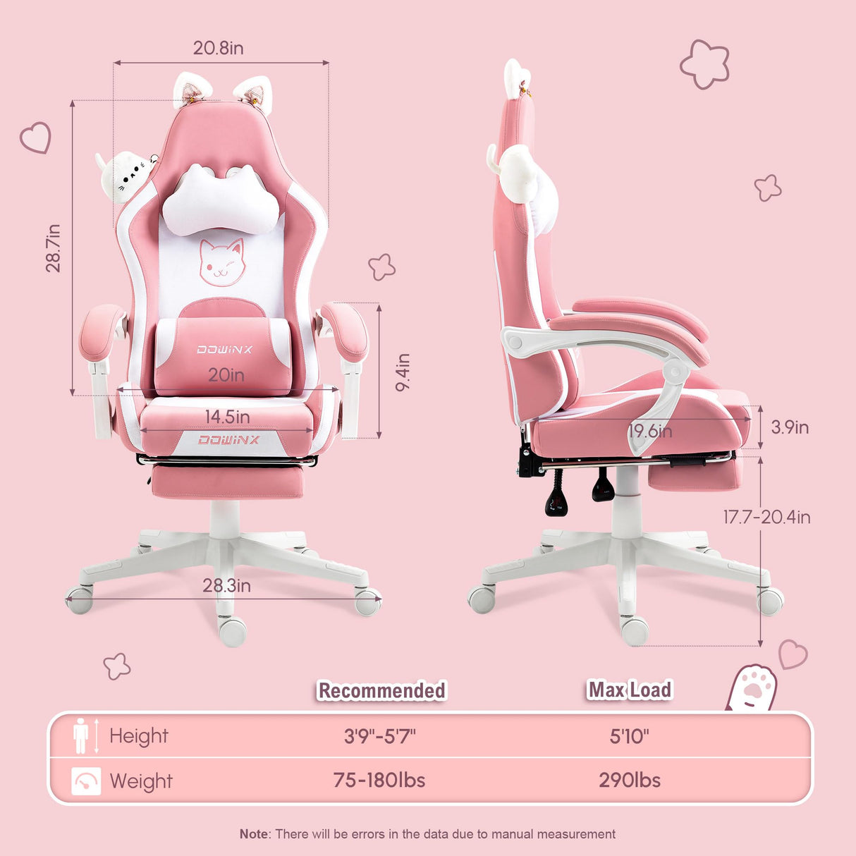 Dowinx Gaming Chair Cute with Cat Ears and Massage Lumbar Support, Ergonomic Computer Chair for Girl with Footrest and Headrest, Comfortable Reclining Game Chair 290lbs for Adult, Teen, Pink Dowinx