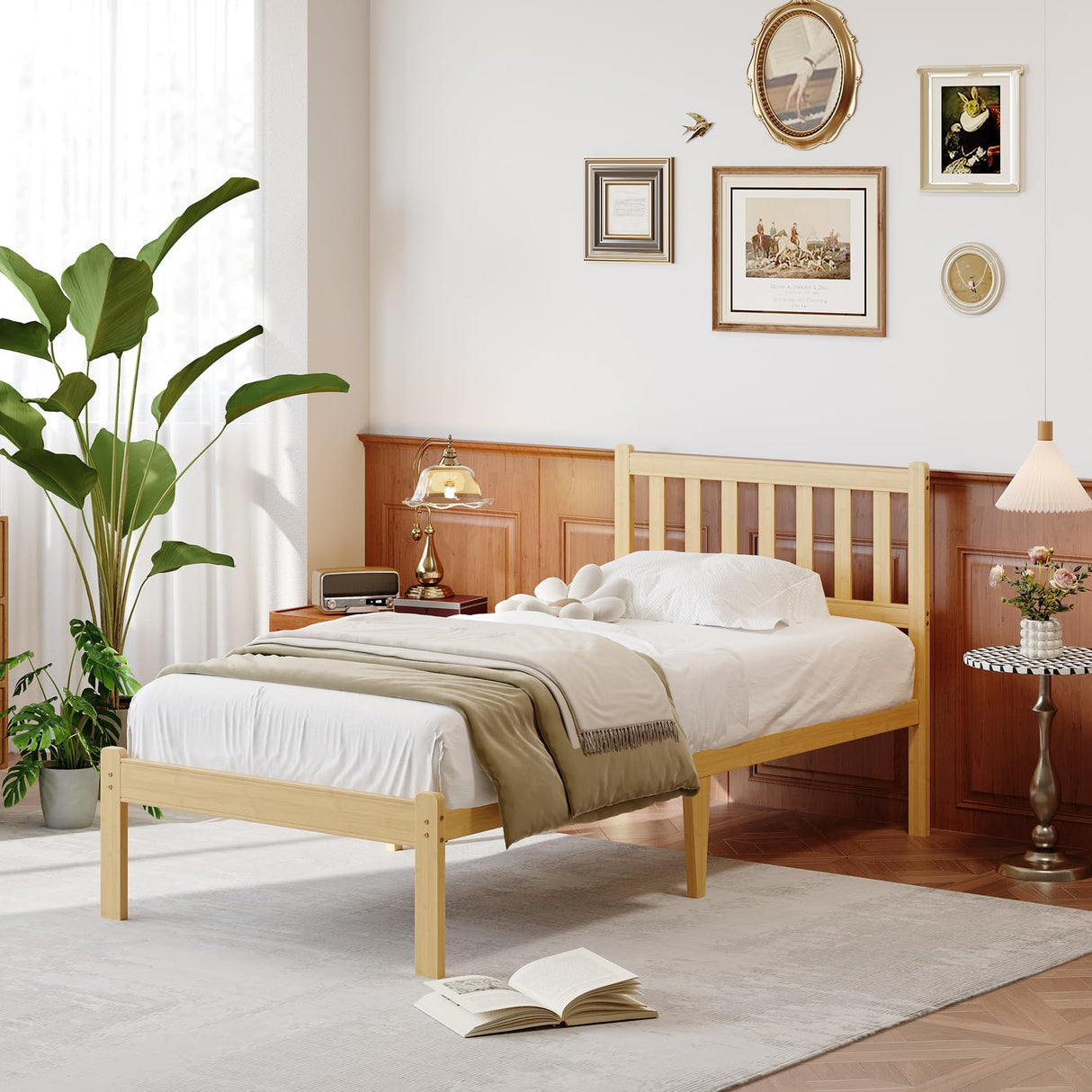 FDLOGW 14 in High Solid Bamboo Wood Twin Bed Frame with Headboard, Platform Twin Size Bed Frame, Heavy Duty, No Box Spring Needed, Nosie Free FDLOGW