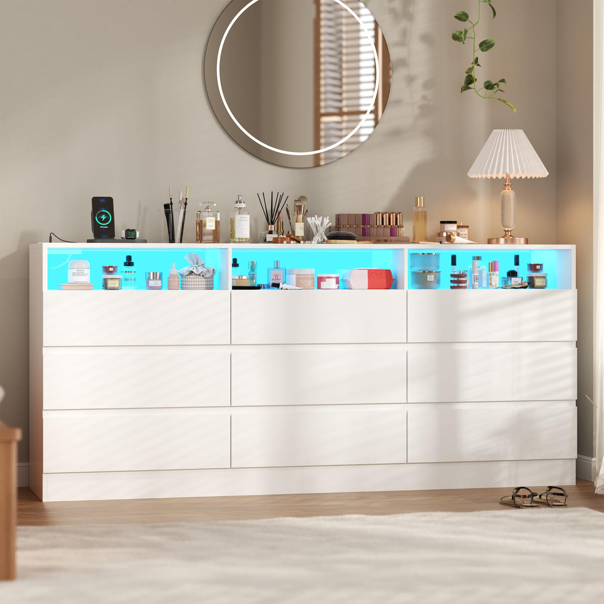 9 Drawer Dresser for Bedroom with Power Outlet, White Dressers with LED Light, Dresser Chest of Drawers for Closet,Wooden Dressers Organizer Cabinet for Living Room,Entryway, Hallway (9 Drawer White) STIKELY