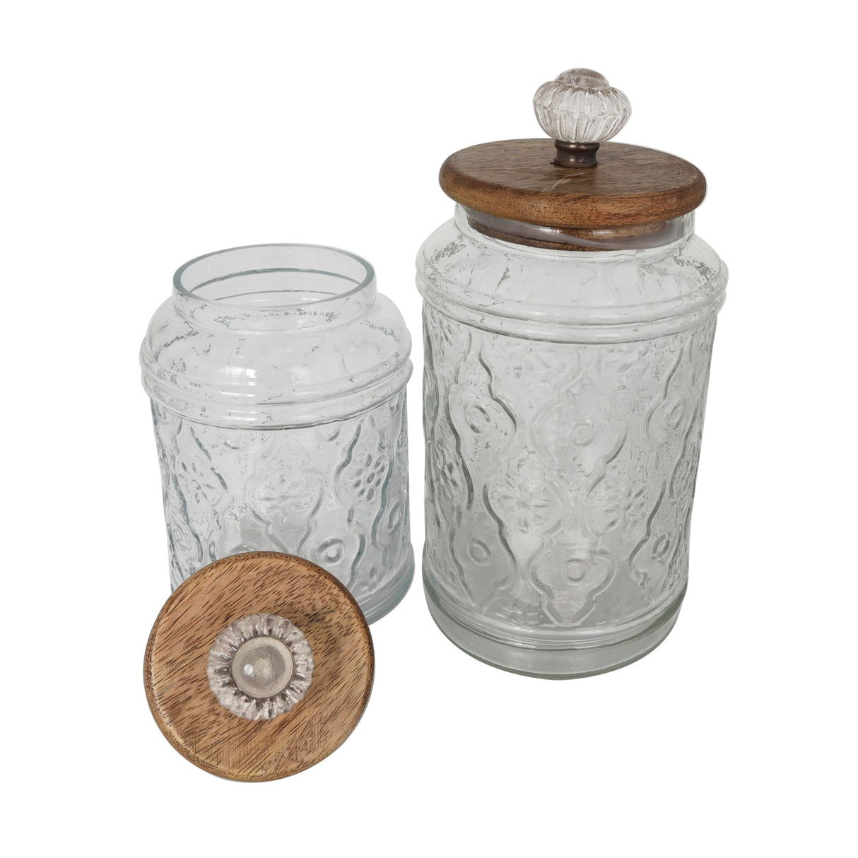 Deco 79 Glass Floral Living Room Decorative Jars Decorative Container with Brown Wooden Lids and Antique Style Knobs, Set of 2 Jar with Lid 9", 8"H, Clear Deco 79