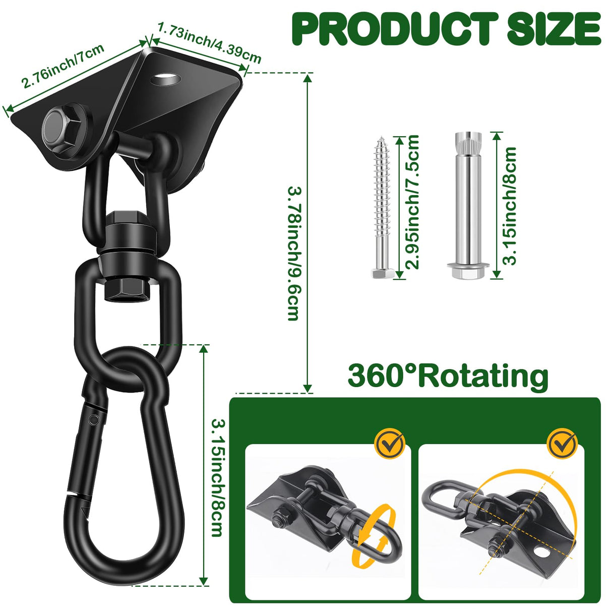 Hammock Hanging Kit 2 Pack, Porch Swing Hanging Kit 1200 Lb Capacity, Hammock Ceiling Hooks Heavy Duty 360°Rotating Hanging Swing Chair Hardware for Hammock Chair Stand, Porch, Yoga, Gym Feanron