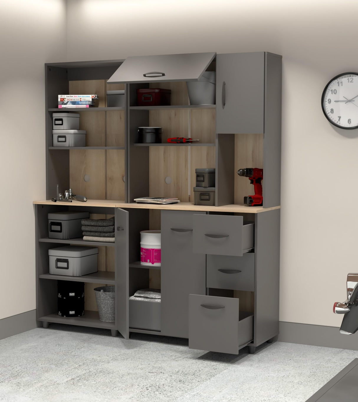 Inval Proforte 2-Piece Garage Storage Cabinet Set with 1 Large Cabinet, 3-Drawer Cabinet, Adjustable Shelves, Dark Gray/Maple Inval