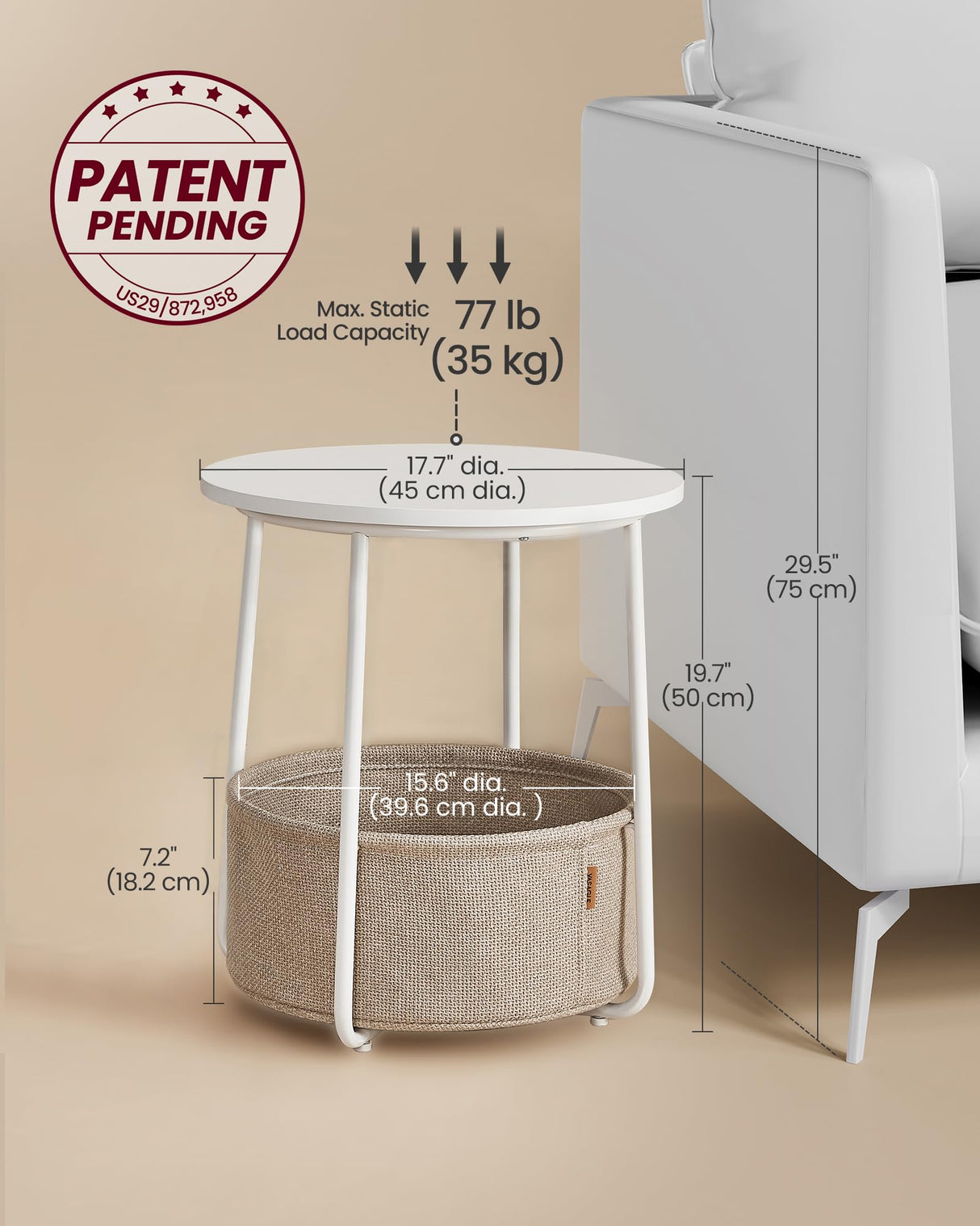 VASAGLE End Table, Small Bedside Table with Fabric Basket, Modern Nightstand, Round Side Table, for Living Room, Bedroom, Matte White and Camel Brown ULET223W10 VASAGLE