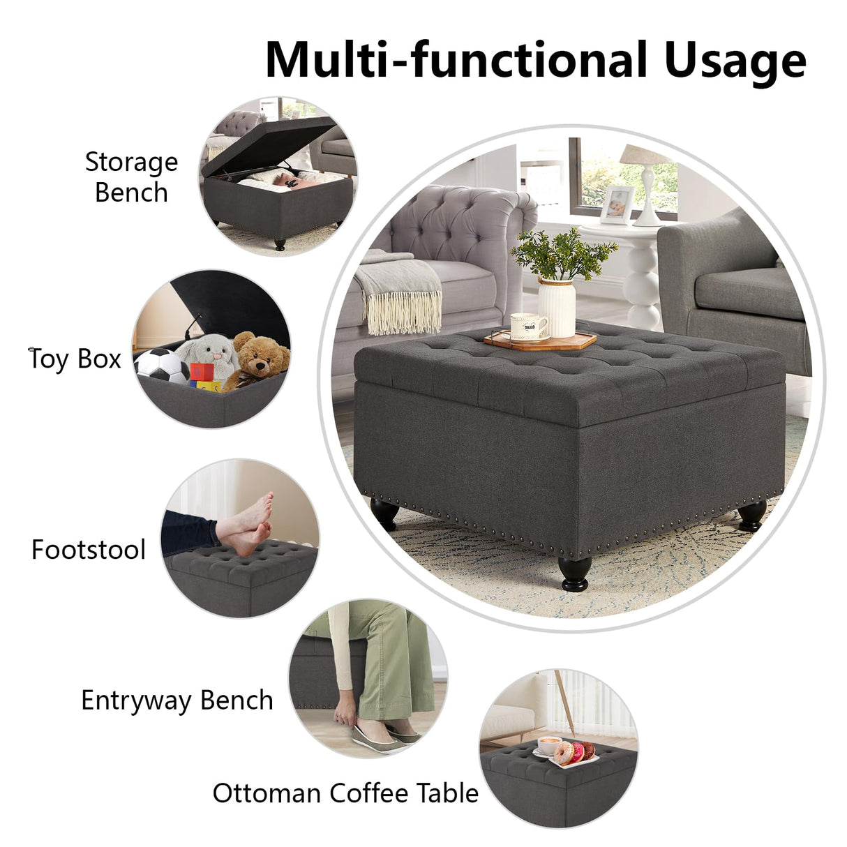 GOAWGO Large Square Storage Ottoman Upholstered Button Tufted Coffee Table with Rubber Wood Legs, Linen Fabric Foot Stool Oversized Ottoman Foot Rest for Sofa Couch Living Room Bedroom, Dark Grey GOAWGO
