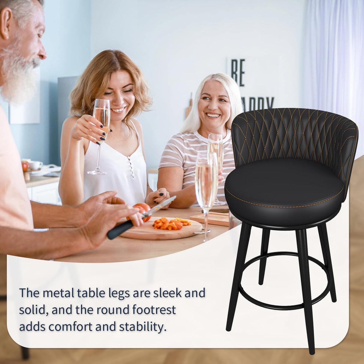 HONIFUR Bar Stools Set of 2, 27 Inch Barstools with Sturdy Legs, Leather Farmhouse Counter Height Bar Stool for Kitchen, Dining, Bar (Swivel, Black, Leather) HONIFUR