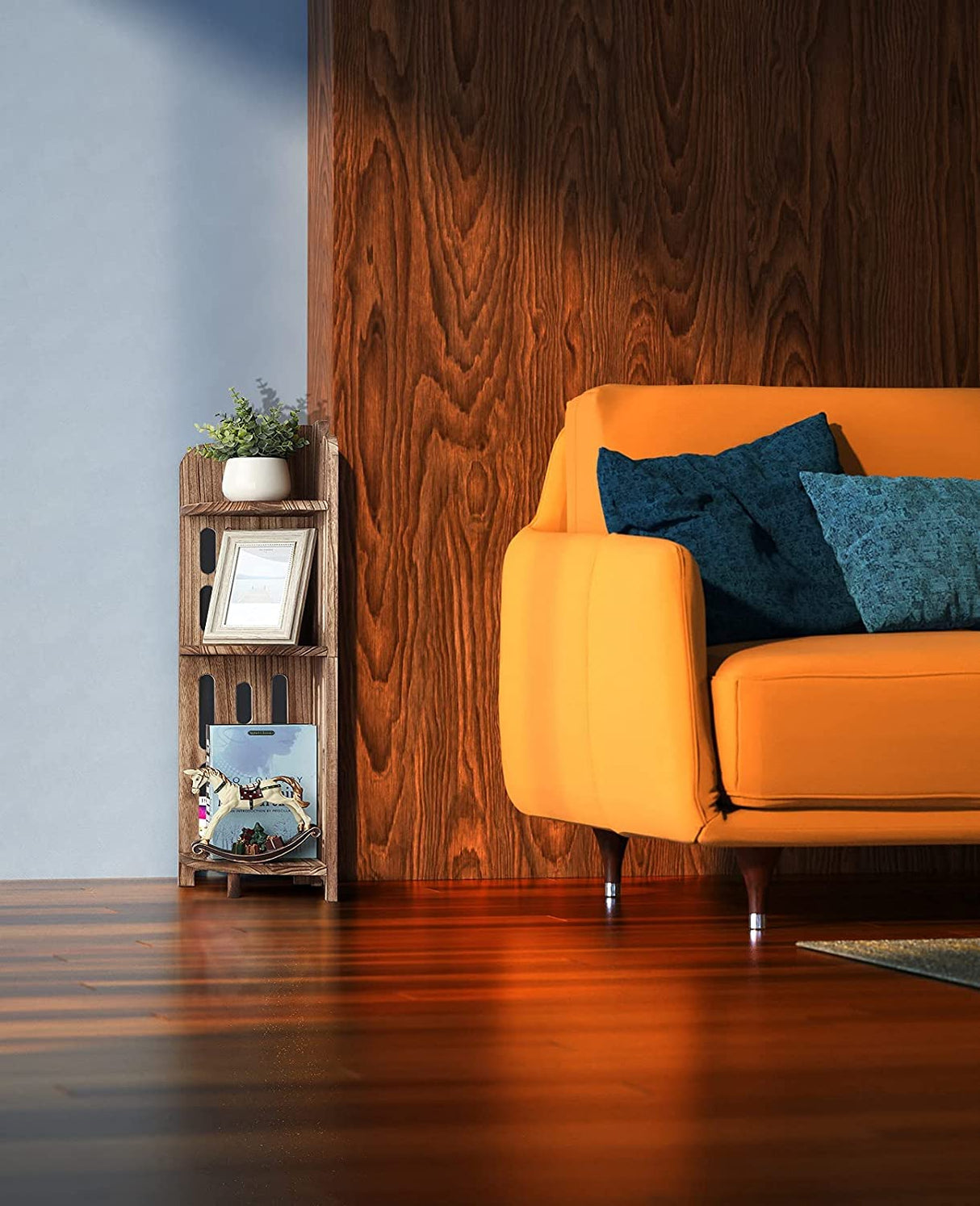 Meangood 3-Tier Rustic Corner Shelf Stand in Carbonized Black - Solid Wood Display for Small Spaces Meangood