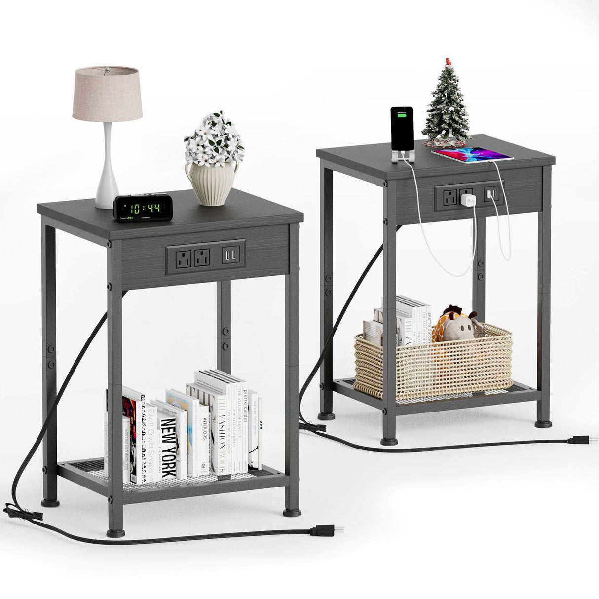 Fixwal Nightstands Set of 2 with Charging Station, End Tables with U-S-B Ports and Power Outlets, Narrow Bedside Table Set of 2 for Living Room, Farmhouse, Sofa Couch (Black) Fixwal